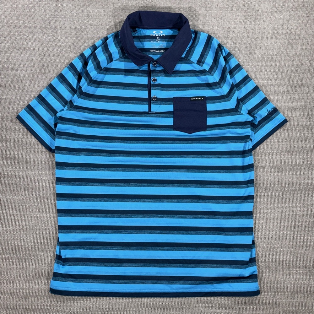 Oakley Polo Shirt Mens Medium Blue Excellent Striped Ohydrolix Pocket S/S Top